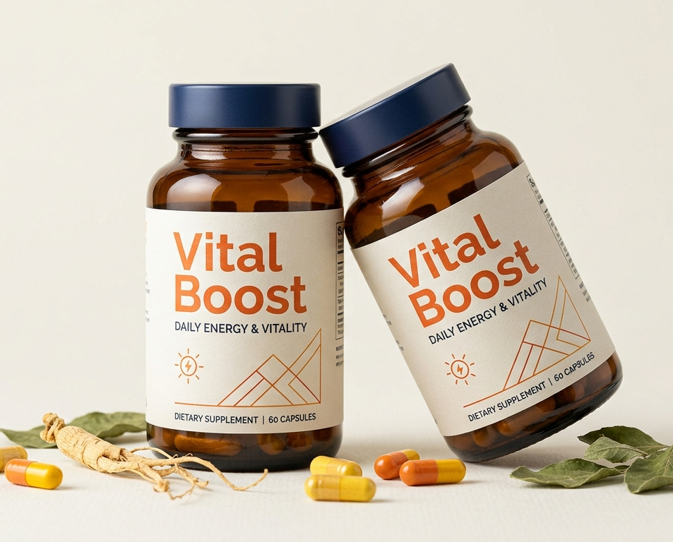 Vital Boost termék képe – két narancssárga kapszulásüveg fehér háttéren